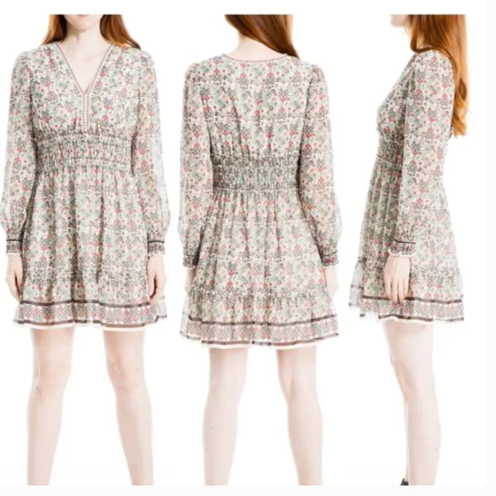 MAX STUDIO Geometric Floral Print Smocked Waist Dress Ecru/Sunset Flora  Print M